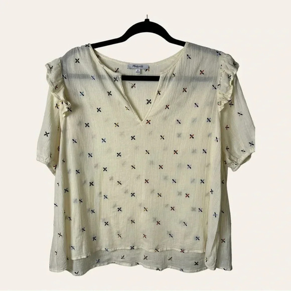 0458W. MADEWELL SHORT SLEEVE BLOUSE WITH EMBROIDERY‎ CREAM IN COLOR RUFFLES - Picture 2 of 10